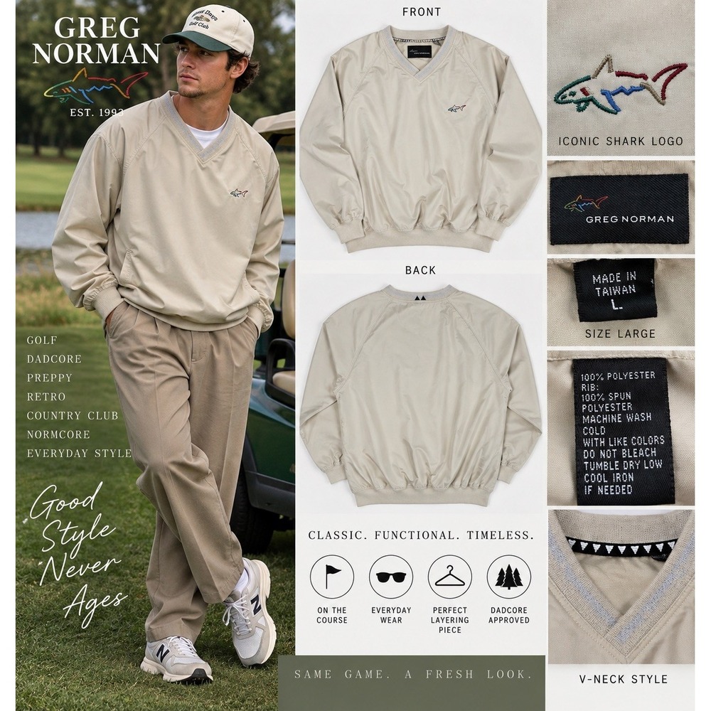 Dadcore Golf Pullover Mens L Greg Norman Beige V Neck Windbreaker Shark Retro
